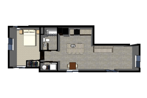 Floor plan for 1 bed, 1 bath, 697 sqft